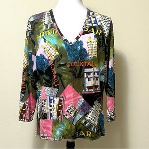 NEW Dolcetti Patchwork Silk w Art Deco Paris V-Neck 3/4 Sleeves Pullover Top XL